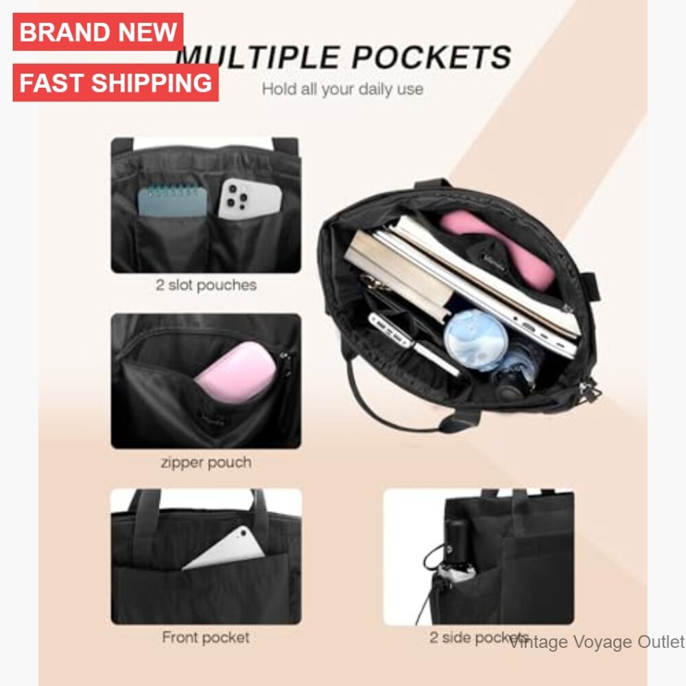 Large Lightweight Tote Bag with Zipper Compartments for Work Travel Gym - Picture 4 of 7